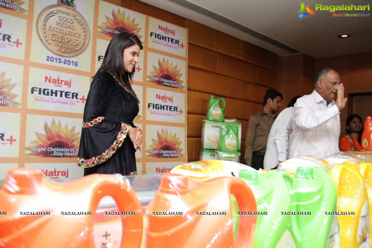 Mannara Chopra launches Sri Sarwo Nataraj Oil Group Fighter+ Oil in Hyderabad