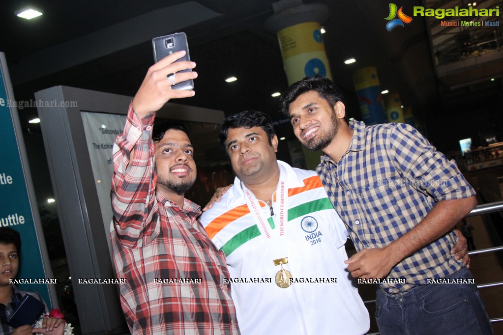 Grand Welcome to Gold Medal Winner of Spochan (Soft Samurai) at Rajiv Gandhi International Airport, Hyderabad