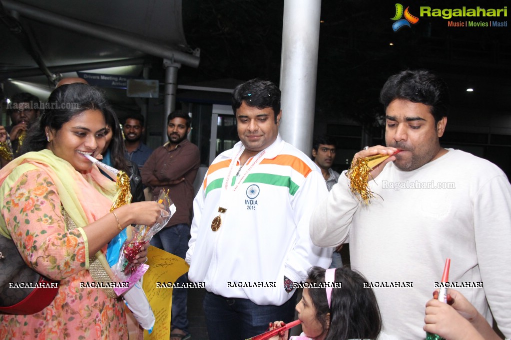 Grand Welcome to Gold Medal Winner of Spochan (Soft Samurai) at Rajiv Gandhi International Airport, Hyderabad