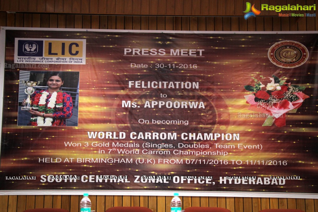 LIC felicitates World Champion in Carrom 2016 S Apoorwa (LIC)