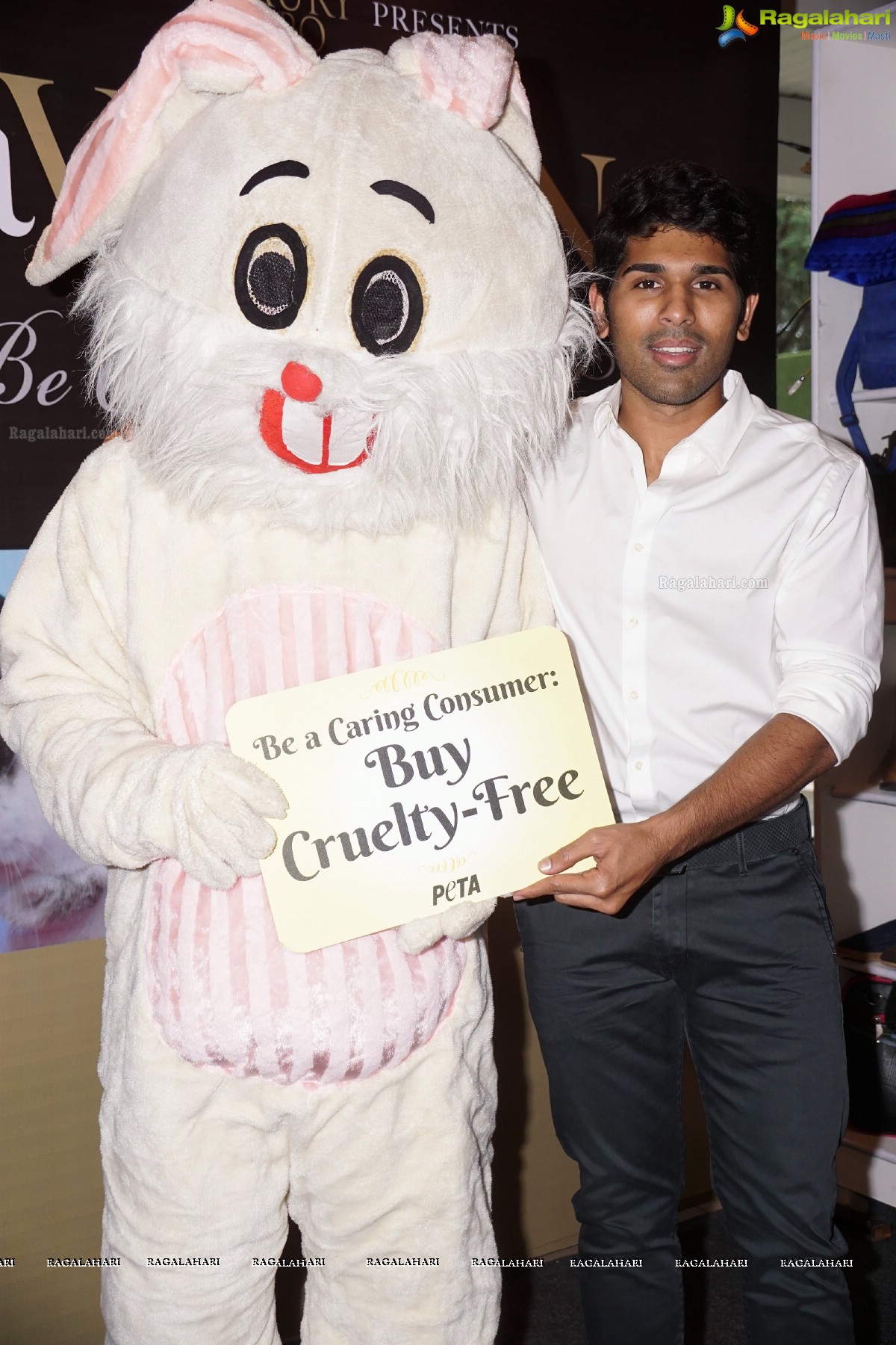 Allu Sirish poses with Bunny Mascot at PETA Stall, Hyderabad